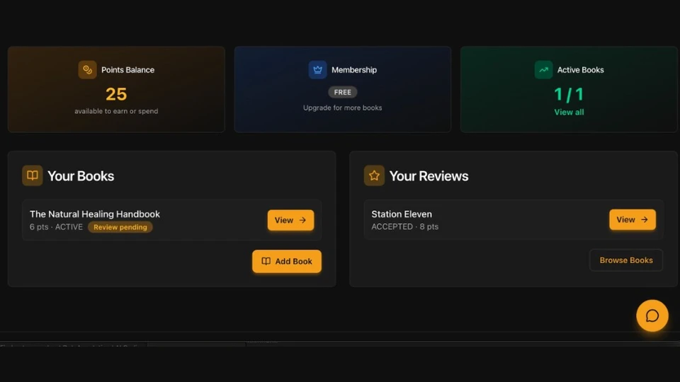 Dashboard points, membership, and active books overview