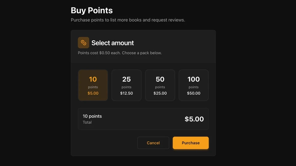 Buy Points pack selector with prices